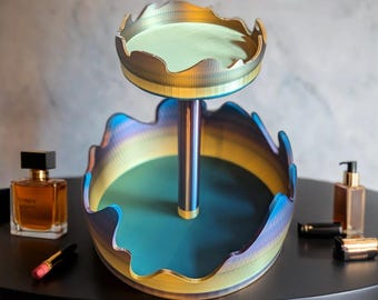 Iridescent 2-Tier Lazy Susan Organizer | Vanity Tray | Makeup & Skincare Stand | Modern Countertop Decor