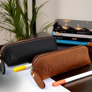 Engraved Logo Pen Bag, Custom Genuine Leather Pencil Pouch, Personalized Name Leather Pen Holder, Pencil Case, Back To School Gift
