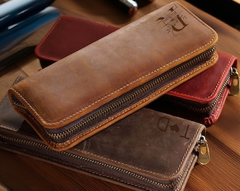 Étui à crayons carré personnalisé en cuir véritable, pochette à crayons à fermeture éclair en cuir personnalisée, cadeau d'artiste, cadeau de remise des diplômes d'étudiant en art, cadeau pour elle