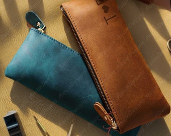 Personalized Genuine Leather Pencil Case, Custom Pattern Retro Pencil Case, Textured Pencil Case, Simple Pencil Case, Graduation Gift