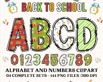 back to school alphabet clipart PNG. 4 styles with back to school clipart. back to school alphabet letters, alphabet png, number clipart png