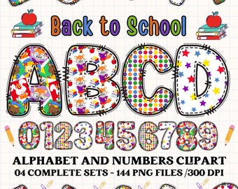 Back to school alphabet clipart PNG. 4 styles with back to school clipart. back to school alphabet letters, alphabet png, number clipart png