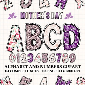 Alfabeto día de la madre clipart letras 300dpi PNG transparente. 4 estilos con imágenes prediseñadas rosas. Letras del alfabeto día de madre