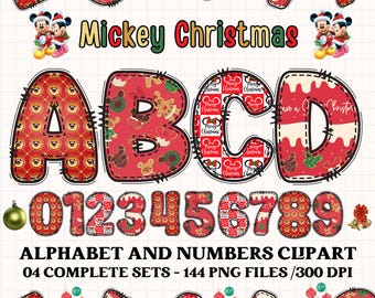 Può includere: Clipart di alfabeto e numeri di Natale rossi e bianchi con Topolino e Minnie. Le lettere e i numeri sono decorati con un design a patchwork di pois rossi e bianchi, teste di Topolino e motivi a tema natalizio. Le lettere e i numeri sono contornati di nero e hanno un aspetto cucito. Il clipart è perfetto per creare artigianato festivo, biglietti e decorazioni.