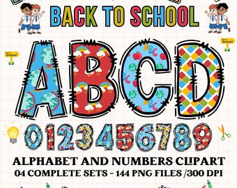 back to school alphabet clipart PNG. 4 styles with back to school clipart. back to school alphabet letters, alphabet png, number clipart png