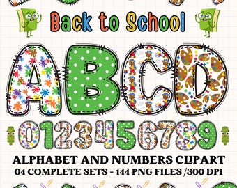 Back to school alphabet clipart PNG. 4 styles with back to school clipart. back to school alphabet letters, alphabet png, number clipart png