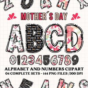 Alfabeto día de la madre clipart letras 300dpi PNG transparente. 4 estilos con imágenes prediseñadas rosas. Letras del alfabeto día de madre