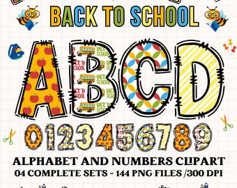 back to school alphabet clipart PNG. 4 styles with back to school clipart. back to school alphabet letters, alphabet png, number clipart png