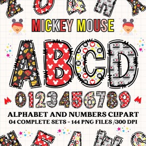 May include: Mickey Mouse themed alphabet and numbers clipart set. The letters and numbers are red with white Mickey Mouse heads and other patterns. There are four complete sets, 144 PNG files, and 300 DPI.