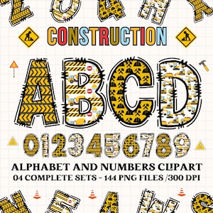 Op de afbeelding: Construction-thema alfabet en cijfer clipart set. De letters en cijfers zijn geel en zwart met een bouwpatroon. De letters A, B, C en D worden getoond, samen met de cijfers 0 tot en met 9. De tekst "CONSTRUCTION" staat bovenaan de afbeelding. De tekst "ALPHABET AND NUMBERS CLIPART" en "04 COMPLETE SETS - 144 PNG FILES / 300 DPI" staat onderaan de afbeelding.