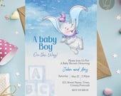 Invitacion editable dumbo baby shower niño, diseño imprimible elefante dumbo, diseño invitación imprimible baby shower dumbo, baby shower