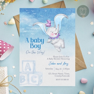 Editable invitation baby shower boy, editable printable invitation elephant dumbo, editable invitation baby shower elephant, dumbo elephant