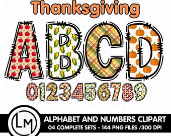 May include: Thanksgiving themed alphabet and numbers clipart set. The letters A, B, C, and D are decorated with fall-themed patterns, including apples, corn, plaid, and pumpkins. The numbers 0 through 9 are also included in the set.