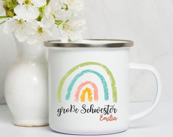 Große Schwester Tasse | Kindertasse mit Namen | Schwangerschaft verkünden | Baby Announcement | Emailletasse personalisierbar