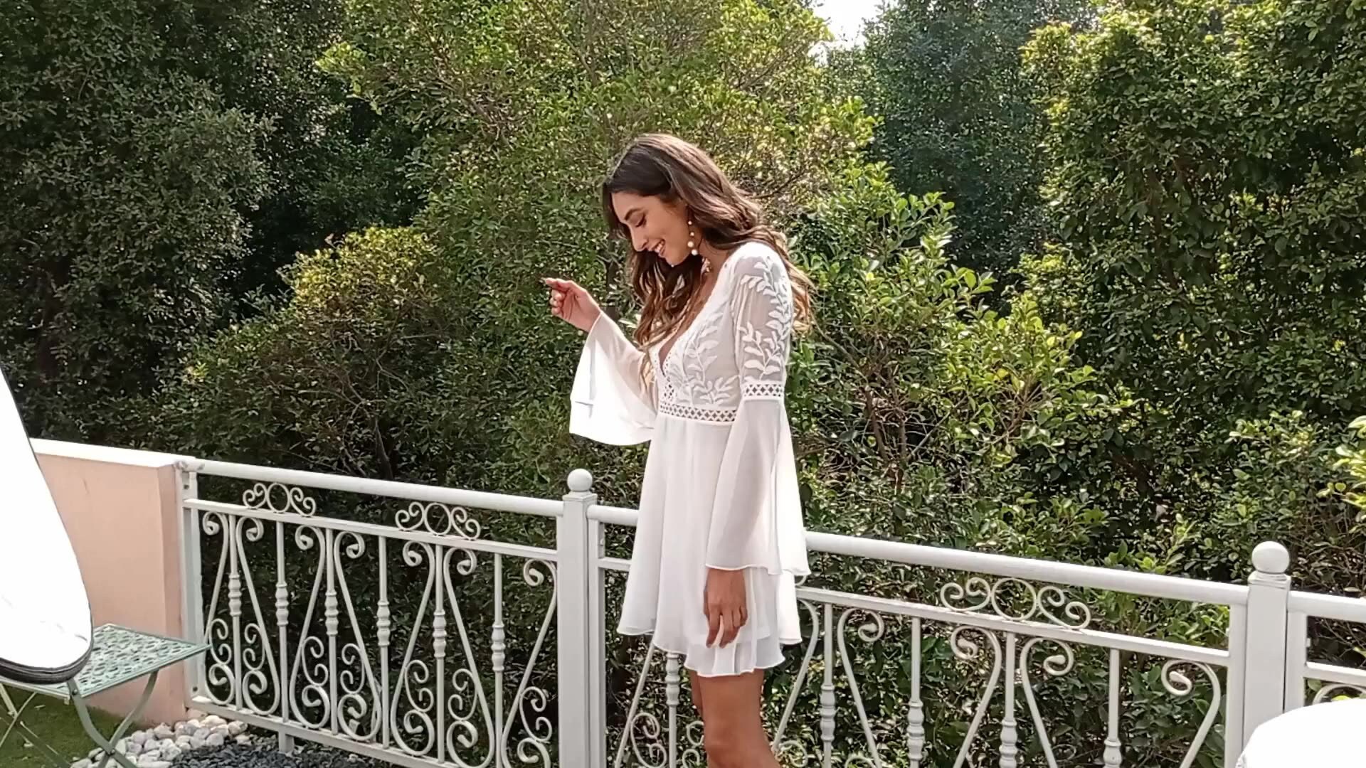 White Sexy Mesh Lace Deep V Back Night Dress
