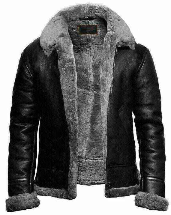 Men's Black RAF Aviator Flying Pilot Leather Jacket-Men's Shearling B3 Bomber Fur Collared Leather jacket-Gift For Him-Men's Winter Jacket