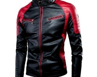 May include: A black and red leather jacket with a zipper closure. The jacket has a stand-up collar and a quilted design on the sleeves.