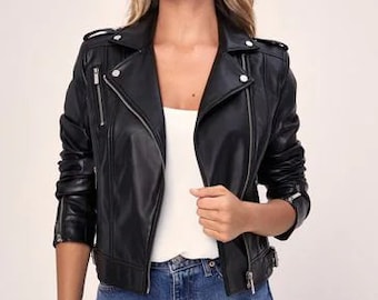 Women's Leather Jacket-Women Biker Jacket Gift For Her-Black leather jacket 100% Genuine Lambskin-Handmade Women Motorcycle Leather Jacket