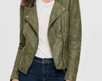May include: A green suede moto jacket with a zipper closure and a stand-up collar.