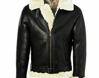 Men RAF Aviator Fur B3 Bomber Black Real Leather Jacket-Genuine Lambskin Leather Jacket For Men's-WWII Flying Pilot Handmade Leather Jacket