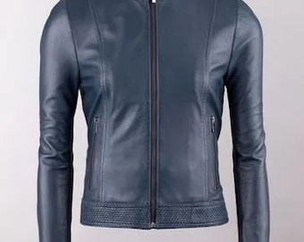 Dames handgemaakte blauwe biker vintage schapenvacht zacht echt leren jack-luxe cadeau voor vrouw-cadeau voor haar-blauwe moto echt klassiek leer