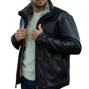 Men&#39;s Handmade Black Leather Bomber RAF Aviator Jacket, Bomber Shearling Custom Jacket, Sheepskin Pilot Flying Black Fur Jacket