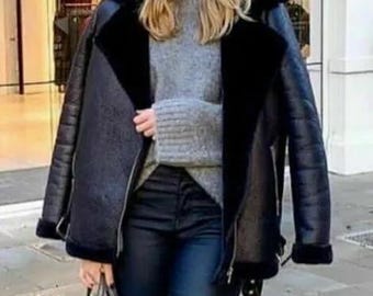 Women's B3 Bomber RAF Black Aviator Flying Fur Shearling Real Leather Jacket-Winter Coat For Women's-Women Handmade Lambskin Leather Jacket