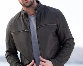 Men's Brown Leather Motorcycle Jacket--Men Leather Biker Jacket-Men's Brown Lambskin Leather Slim Fit Moto JacketGift For Husband-Handmade