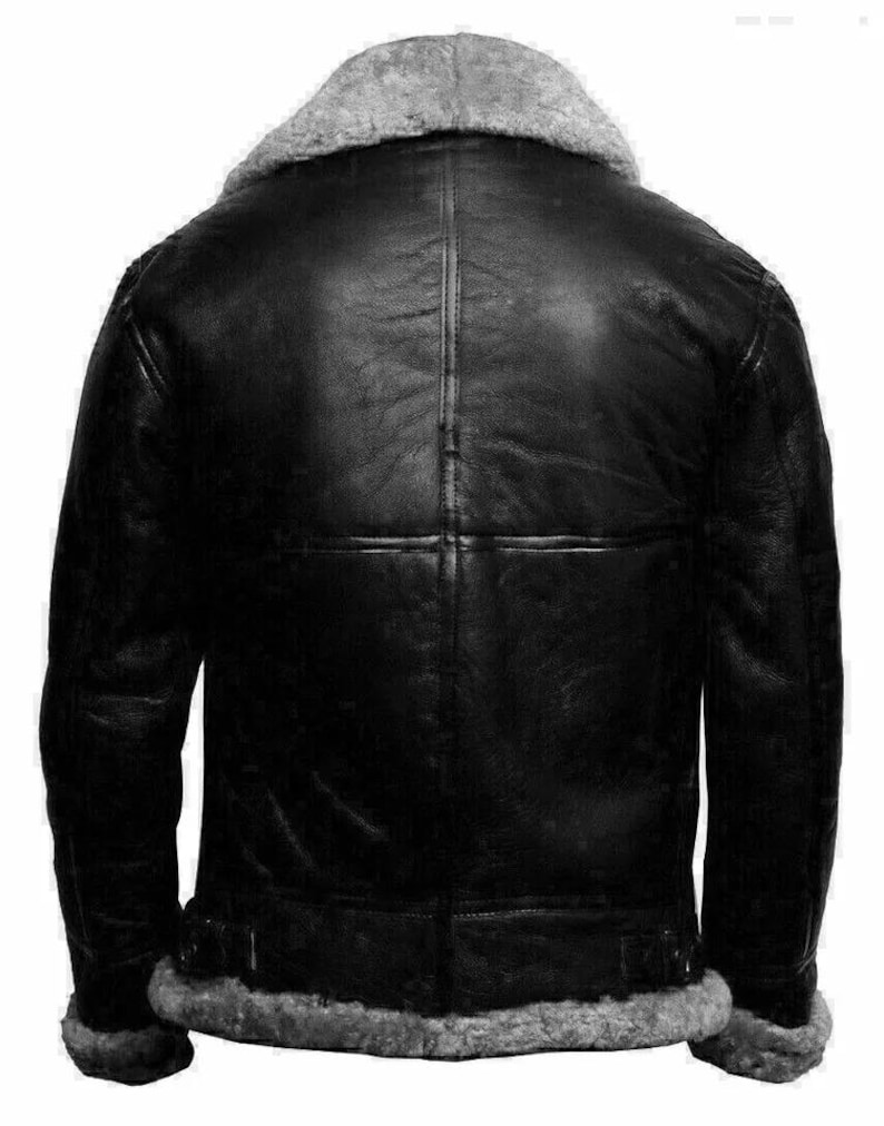 May include: A black leather bomber jacket with a shearling collar and lining. The jacket has a zipper closure and two pockets.