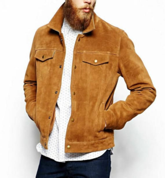 Slim Fit Brown Trucker Vintage Men Café Racer Real Suede Leather