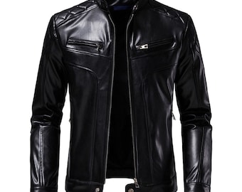 Giacca Moto Uomo In Vera Pelle Di Agnello Viola | Stile Vintage Cafe Racer Trapuntato | Con Cerniera Asimmetrica - 2
