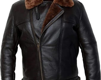Men's Cross Zip B3 Bomber Flying Pilot Aviator Real Sheepskin Leather Jacket-Men's Shearling Fur Black Handmade Custom Leather Jacket