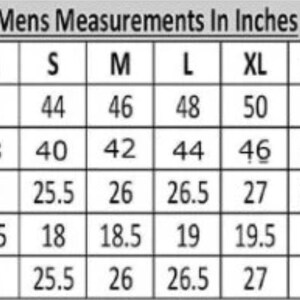 May include: A size chart showing men's clothing measurements in inches. The chart includes sizes from XXS to 5XL and measurements for chest, waist, sleeves, shoulders, and length.