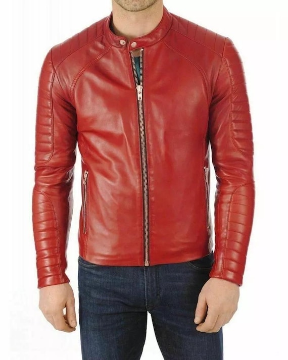 Men's Genuine Bomber Biker Leather Jacket-Men Motorcycle Real Lambskin Leather Jacket-Stylish Red Custom Leather Jacket For Men-Gift For Him