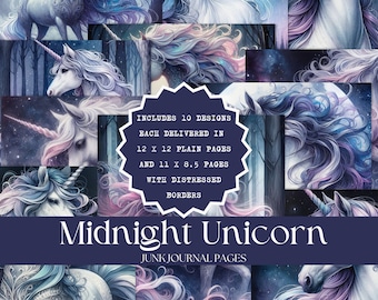Midnight Unicorns Junk Journal Pages | Junk Journal Printable | Junk Journal Paper | Unicorn Paper | Digital Paper | Scrapbook Paper