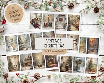 Op de afbeelding: 24 afdrukbare vintage kerstkaarten, elk met een afmeting van 2,5 inch bij 3,5 inch. De kaarten bevatten afbeeldingen van sneeuwpoppen, kerstbomen, huizen en andere winterse taferelen.