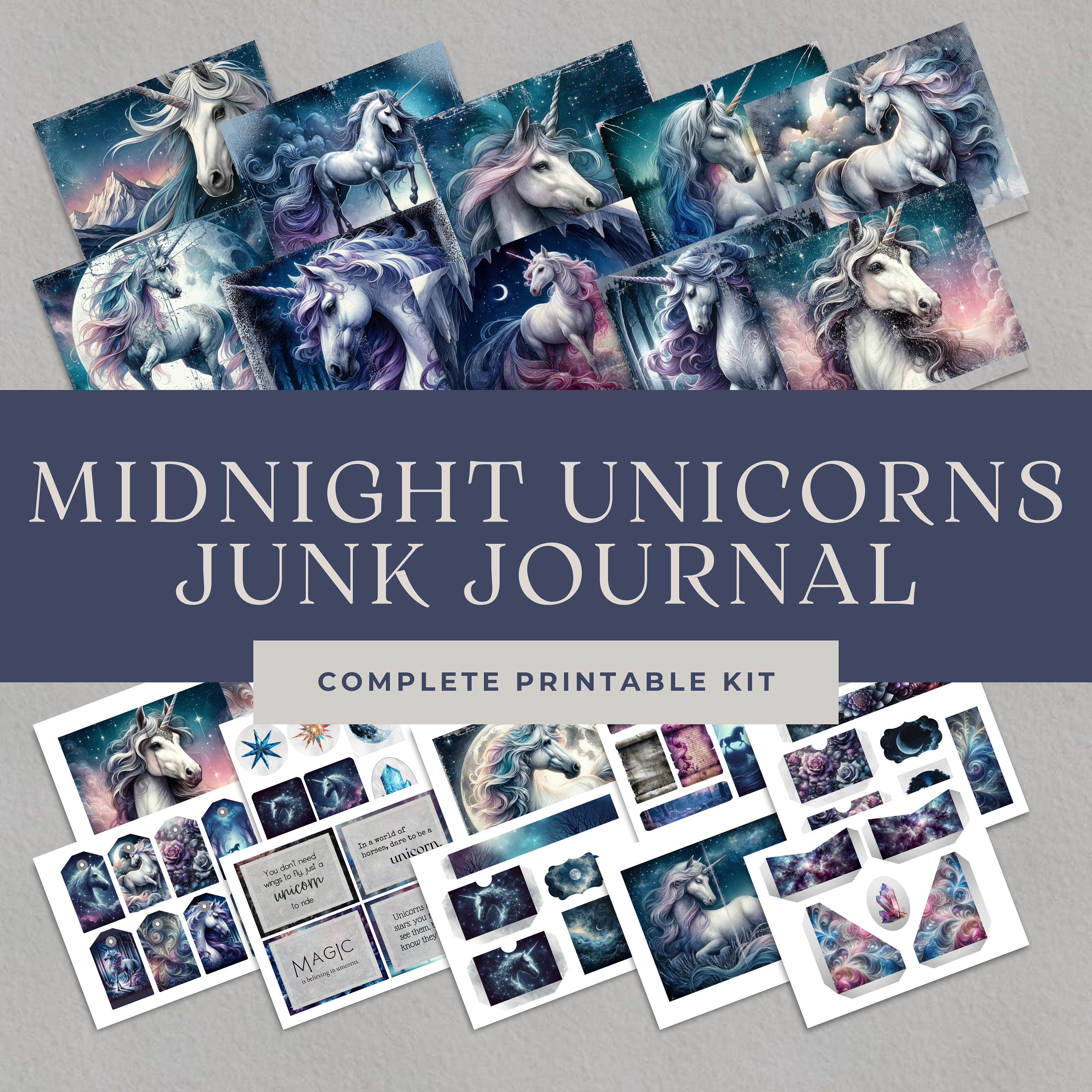 Midnight Unicorns Junk Journal Kit  | Junk Journal Printable | Unicorn Paper | Digital Download | Fantasy Junk Journal | Unicorn Ephemera