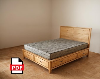 May include: A light-colored wooden bed frame with a headboard and three drawers. The bed has a gray patterned mattress. The frame is made of light-colored wood. The drawers have black handles.