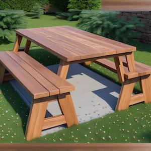 May include: A wooden picnic table with two benches. The table and benches are made of natural brown wood. The table is set up on a grassy lawn with small pink flowers.