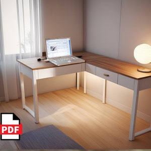 L-format hörnskrivbordsplan, Hörnskrivbord, Träbearbetningsplaner, Gör-det-själv-planer, Möbelplaner, Rustikt skrivbord, PDF-fil direkt_nedladdning