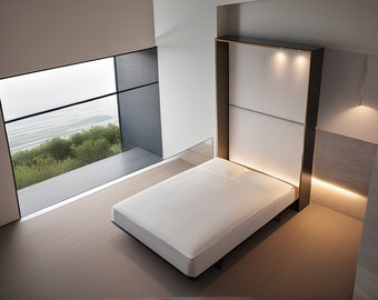 May include: A white bed with a black frame is folded up against a wall. The wall is white with a black trim and a gold accent. The bed is in a room with a large window overlooking a green landscape.