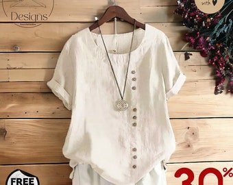 Camiseta vintage con botones Harajuku: blusa informal de verano de manga corta en lino de algodón. Elegante camiseta de calle de gran tamaño y color liso para un look relajado