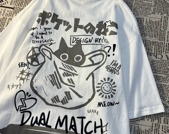 Harajuku Oversized Cat Print T-Shirt - Japanese Streetwear, Cartoon Cat Tee, Y2K Style Short-Sleeved Casual Top