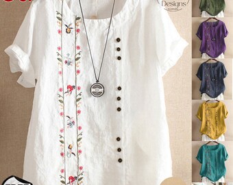 Floral Embroidered Linen Cotton Top - Women's Loose Short Sleeve Blouse, Perfect for Summer Styling.