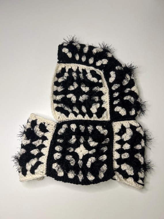 Black and white granny square balaclava in pure virgin wool