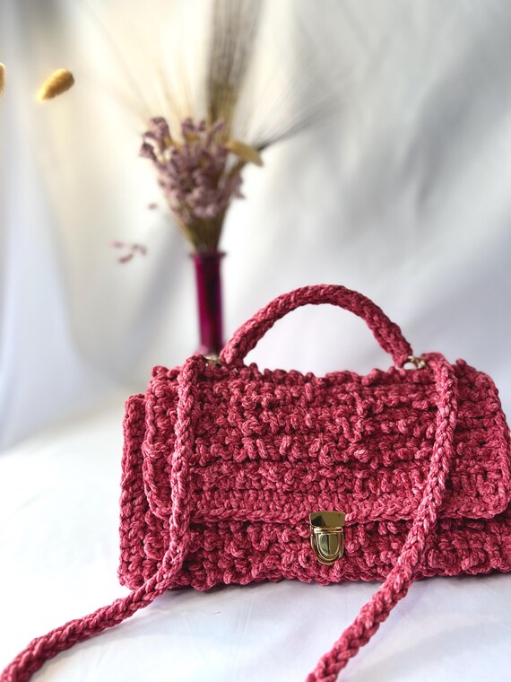 Pink velvet crochet shoulder bag/clutch