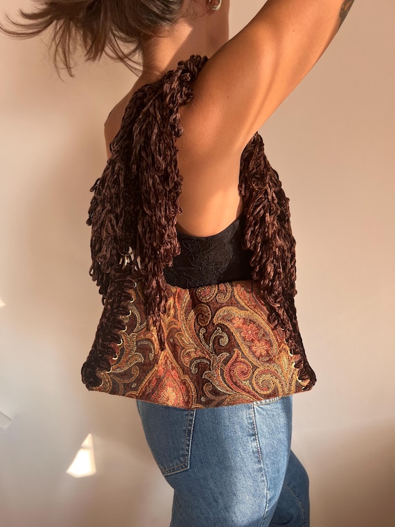 Brown fabric and velvet bag with fringes