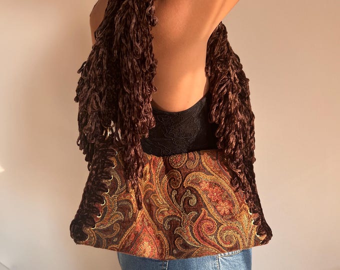 Featured listing image: Brown fabric and velvet bag with fringes