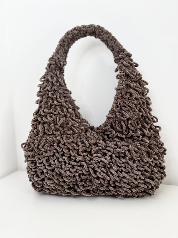 Brown velour fur hobo bag