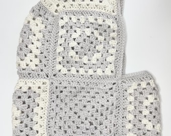 Gray and white granny square balaclava in pure virgin wool